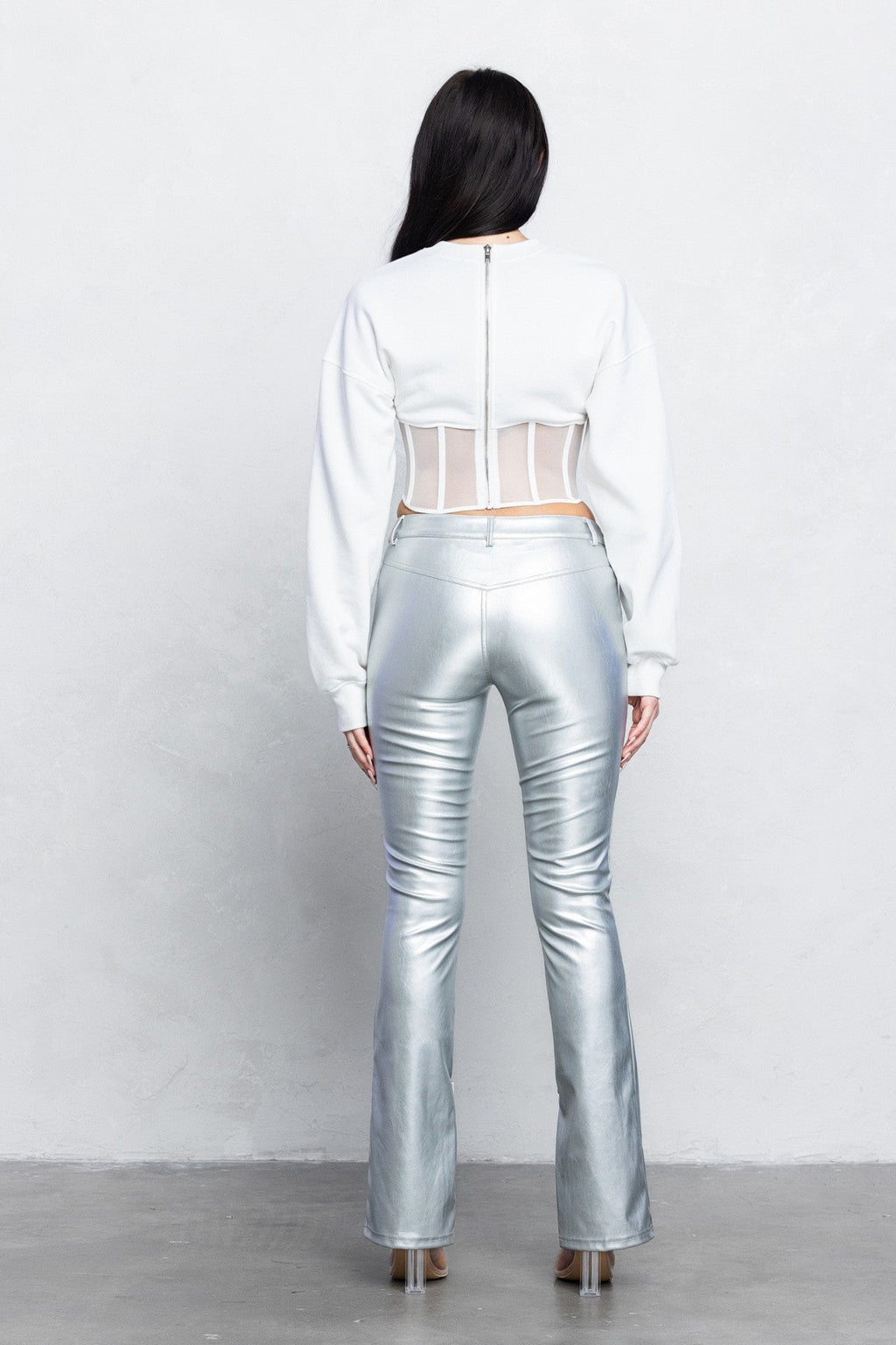 V-Cut Pleather Boot-Cut Pants | Low Rise Trendy Zipper Detail Pants
