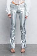 V-Cut Pleather Boot-Cut Pants | Low Rise Trendy Zipper Detail Pants
